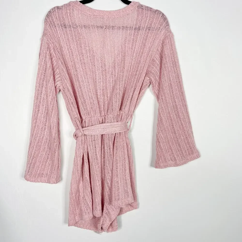 Blue Blush Pink Small S Open Knit Tie Waist Bell Sleeve Romper Cover Up Ribbed
